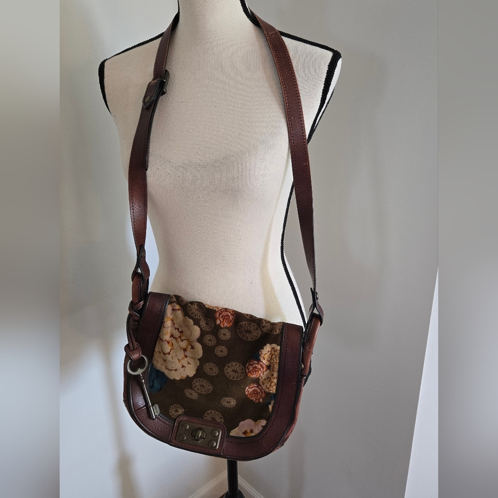 FOSSIL Floral Brown Bag Purse Hippie Boho Shoulder Leather - Picture 1 of 8